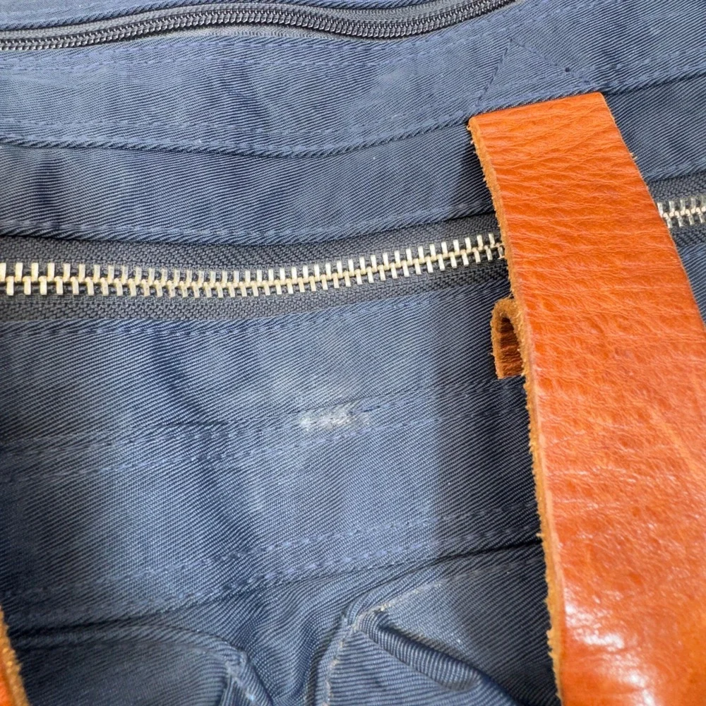 J Crew Harwick Duffle Bag Blue Brown Leather Trim Travel Weekender Overnight